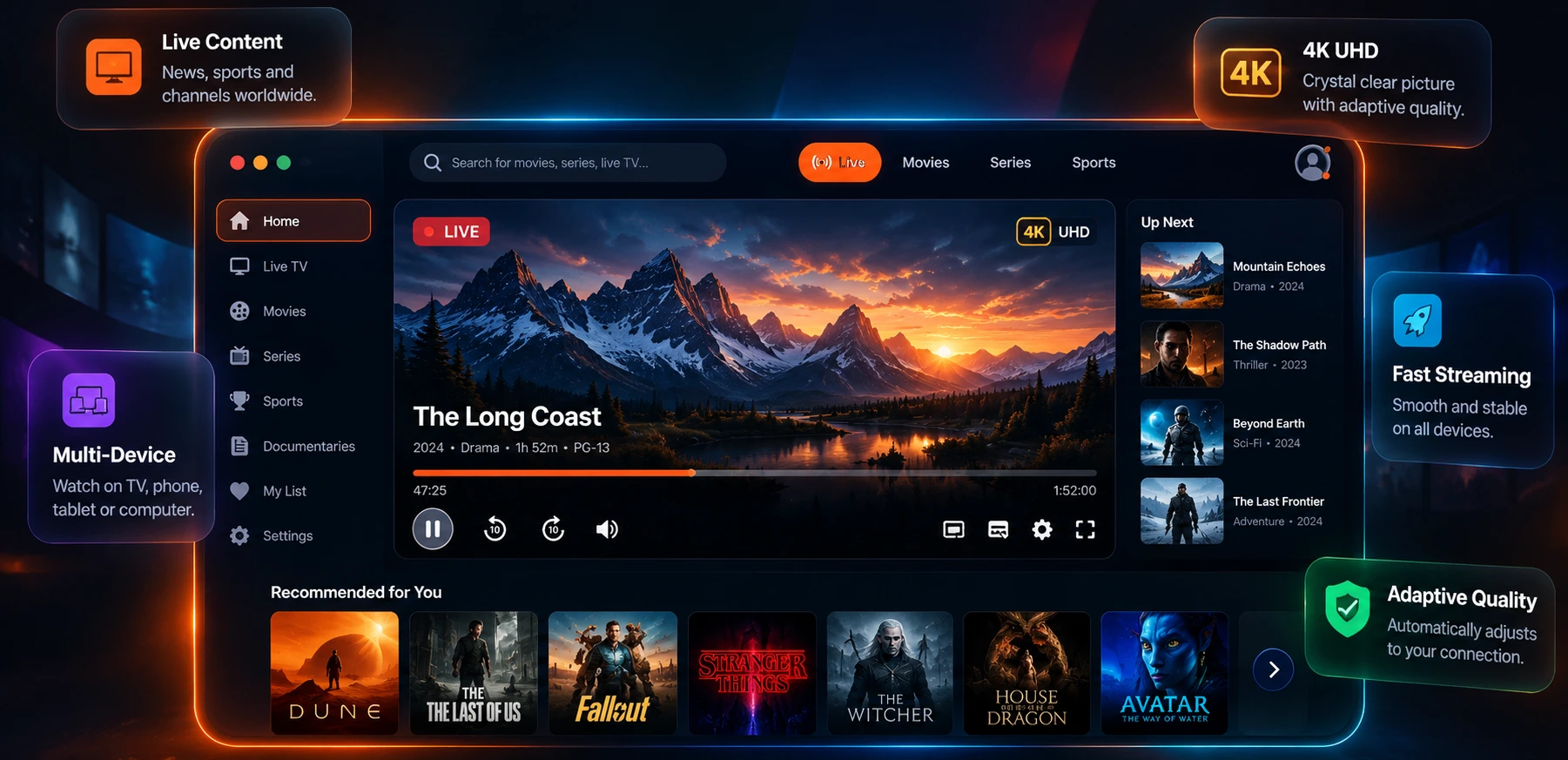 IPTV Extreme streaming interface: live player showing The Long Coast in 4K UHD, with Live TV, Movies, Series, Sports and Documentaries menus, an Up Next list and recommendations, highlighting live content, 4K UHD, multi-device viewing, fast streaming and adaptive quality.