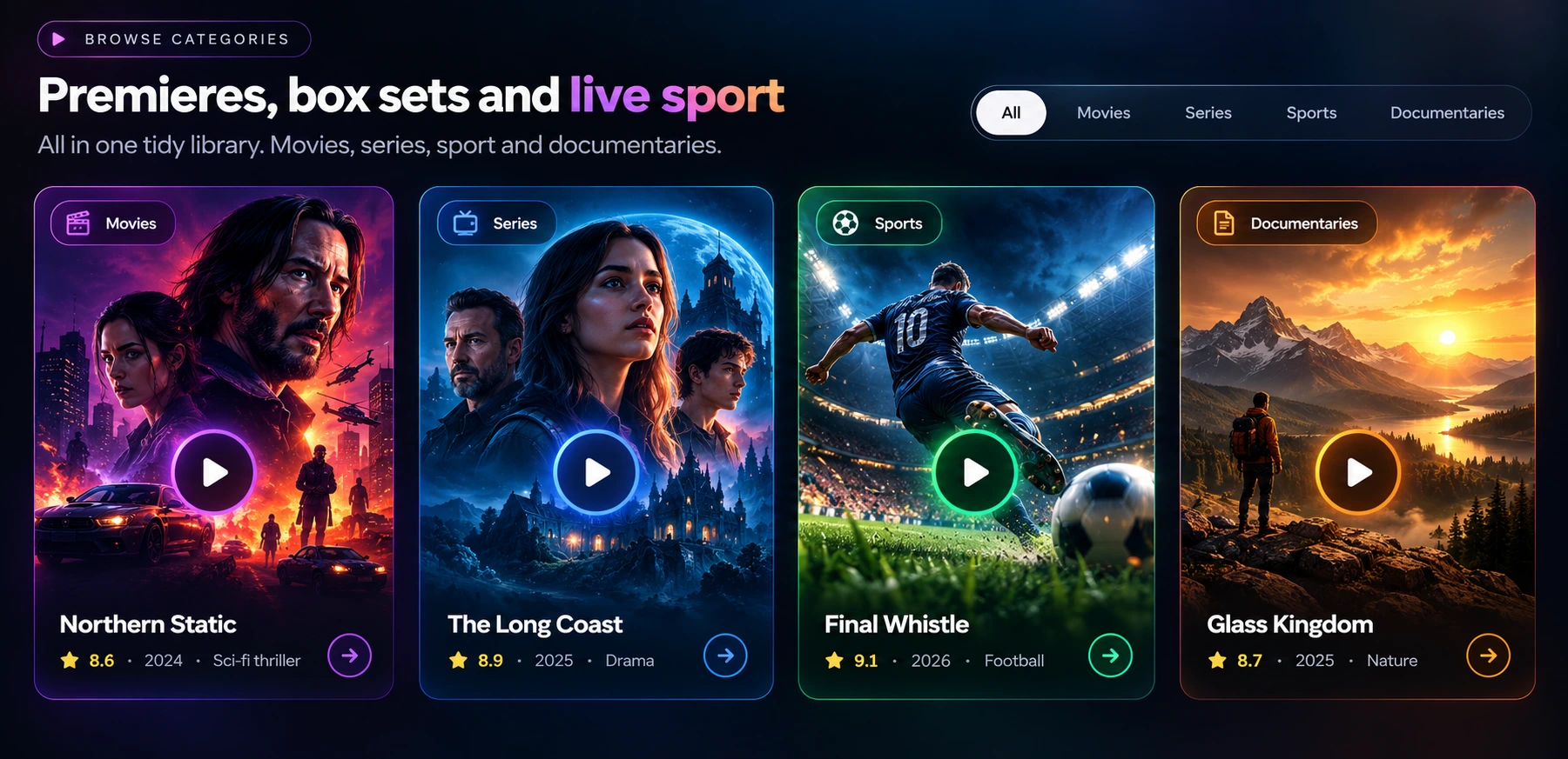 Browse categories: premieres, box sets and live sport — Movies, Series, Sports and Documentaries, featuring Northern Static, The Long Coast, Final Whistle and Glass Kingdom.